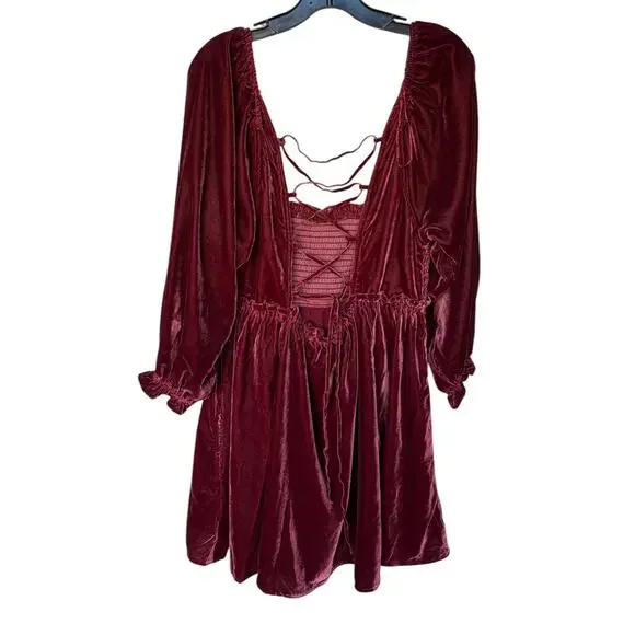 Free People Burgundy Velvet Babydoll Mini Dress w Smocked Bodice Lace Tie Back M - Picture 10 of 11